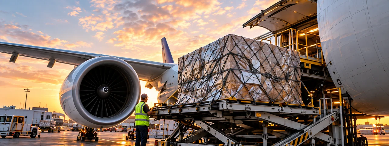 A ground crew member coordinating the loading of a cargo pallet into a freight aircraft at sunset.