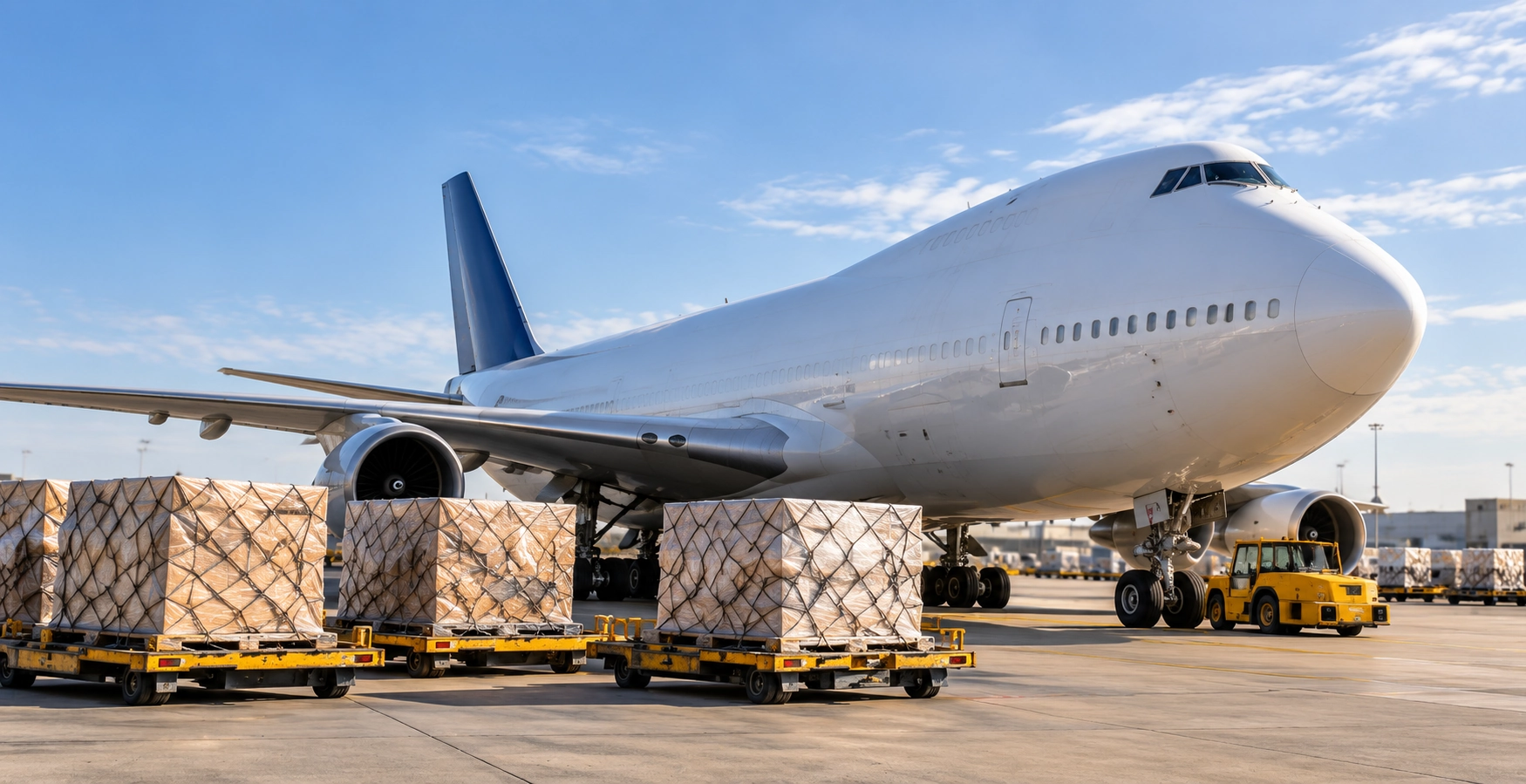 Cargo aircraft and freight pallets at an airport