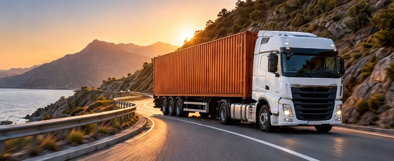 Container truck transporting freight on a coastal road
