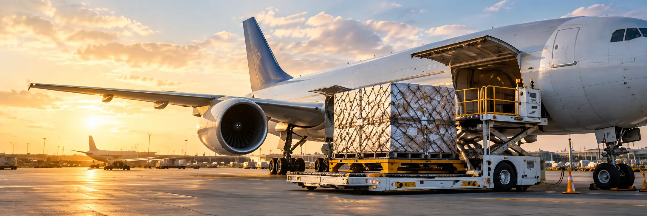 Cargo pallets being loaded into a freight aircraft at sunset.