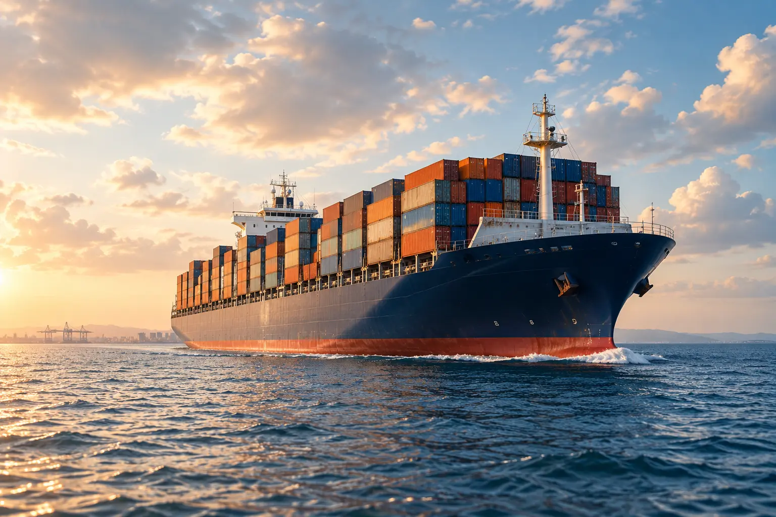 A loaded container ship travelling at sea at sunset.