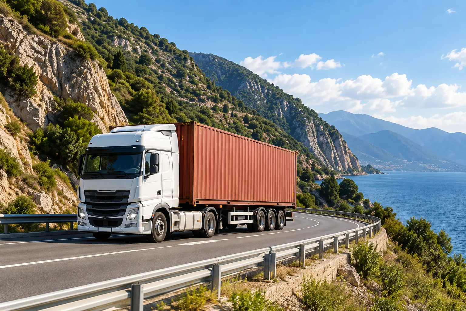 A container truck travelling along a coastal mountain road.