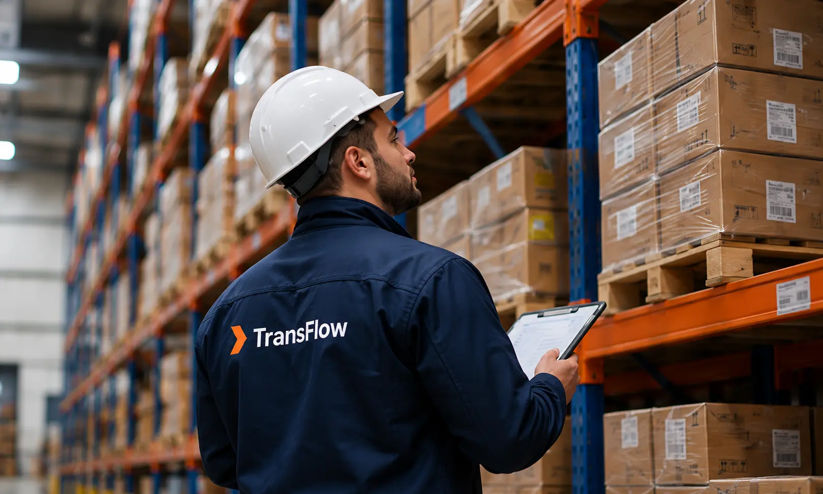 A TransFlow warehouse coordinator checking stored cargo with a tablet.