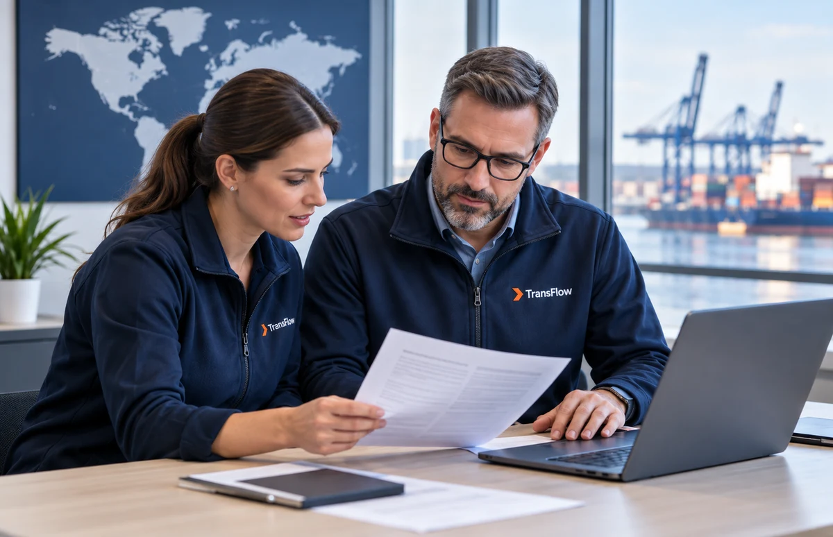 Two logistics coordinators reviewing shipment documents beside a laptop.