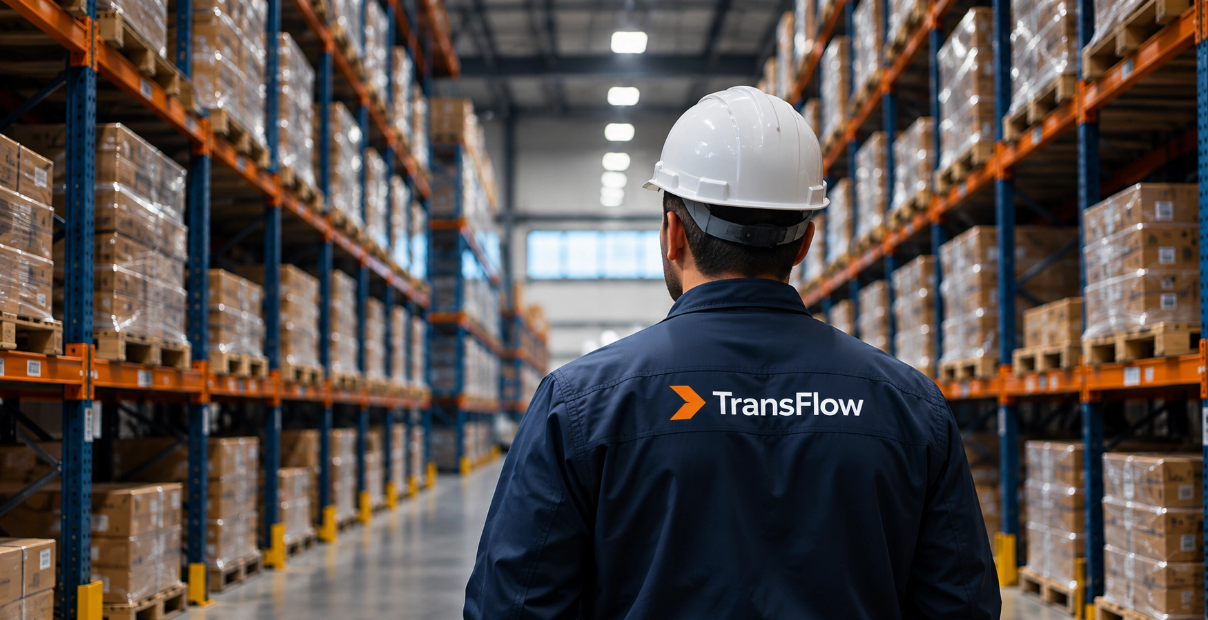 Logistics worker inspecting a warehouse aisle