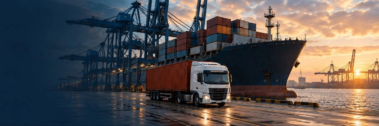 Container ship and cargo truck at a port